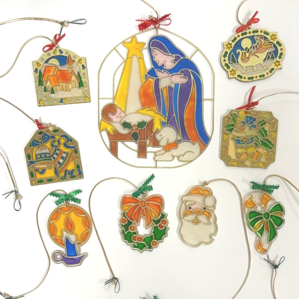 Vintage Faux Stained Glass Christmas Ornament Lot 9pc Nativity Santa Suncatchers